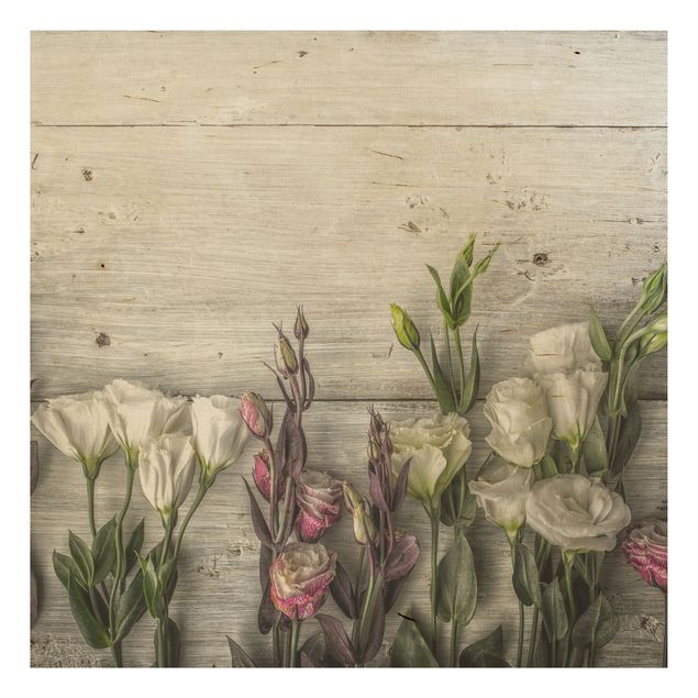 Prints på træ blomster Tulip Rose Shabby Wood Look