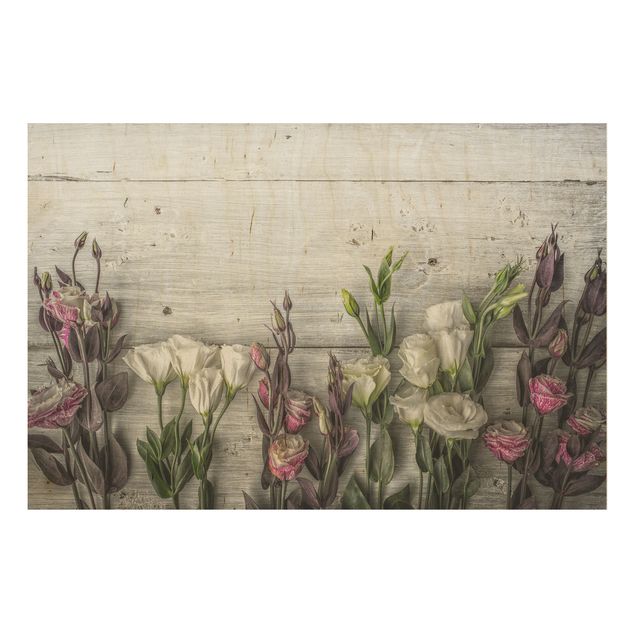 Prints på træ blomster Tulip Rose Shabby Wood Look