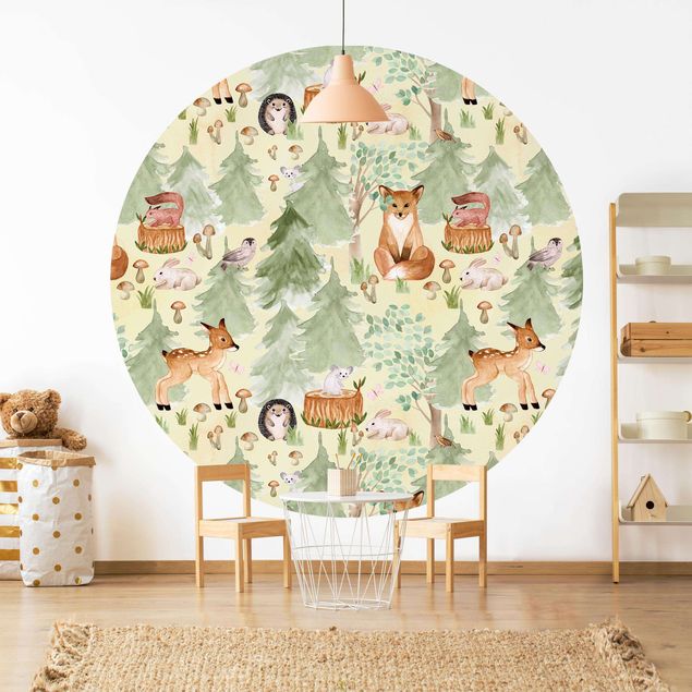 Moderne tapet Hedgehog And Fox With Trees Green