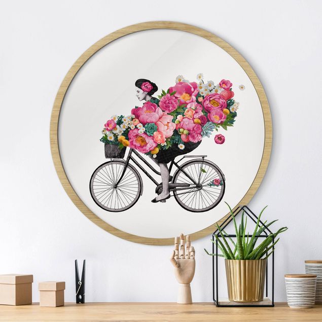 Rund billeder Illustration Woman On Bicycle Collage Colourful Flowers