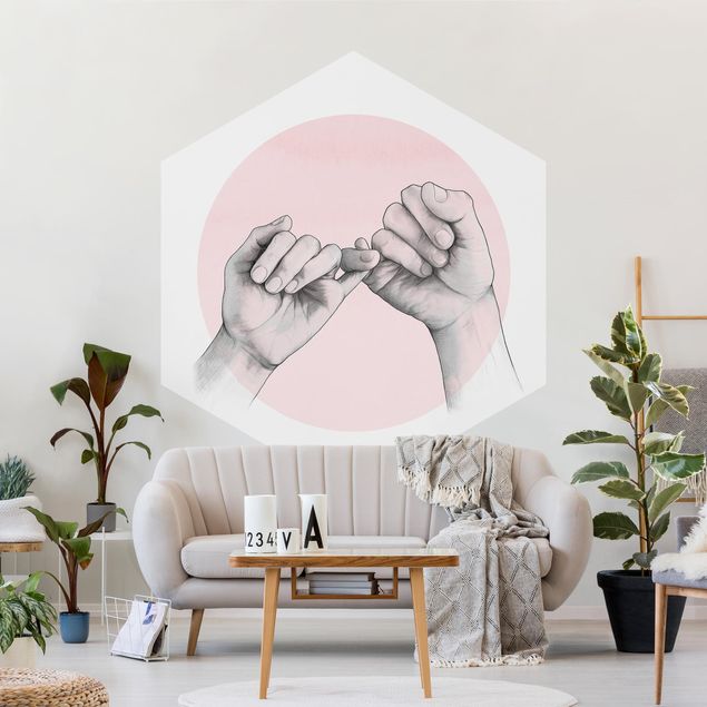 Sekskantede Tapeter Illustration Hands Friendship Circle Pink White