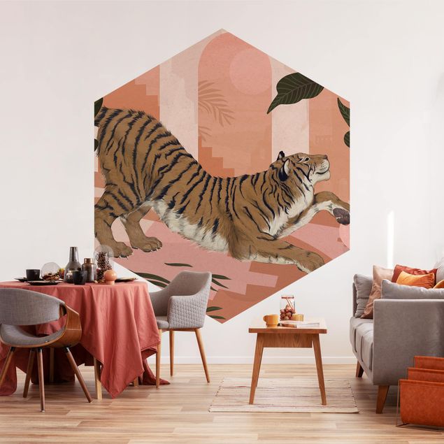 Moderne tapet Illustration Tiger In Pastel Pink Painting