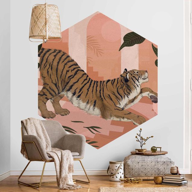 Sekskantede Tapeter Illustration Tiger In Pastel Pink Painting