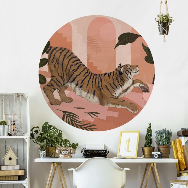 Tapet tiger Illustration Tiger In Pastel Pink Painting