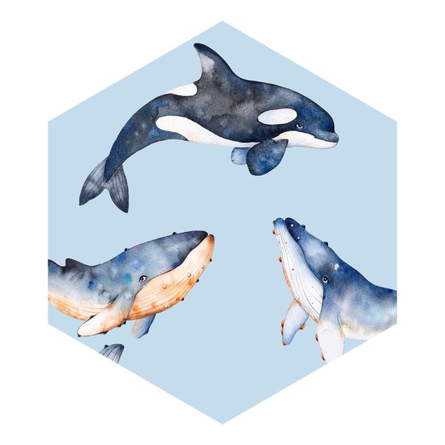 Fototapet blå Illustrated Whale In Watercolour