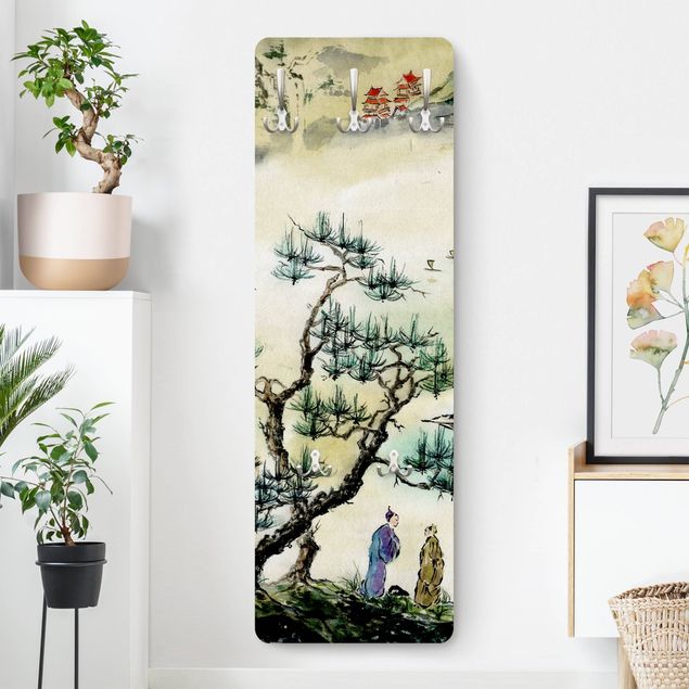 Knagerækker landskaber Japanese Watercolour Drawing Pine And Mountain Village
