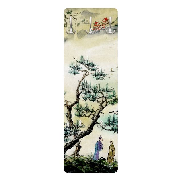 Knagerækker Japanese Watercolour Drawing Pine And Mountain Village