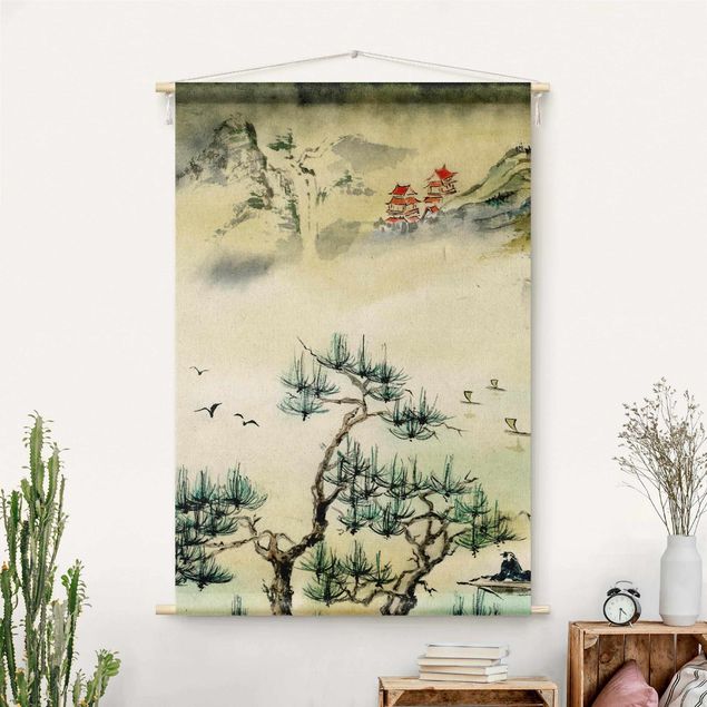 Vægtæppe modern Japanese Watercolour Drawing Pine Tree And Mountain Village