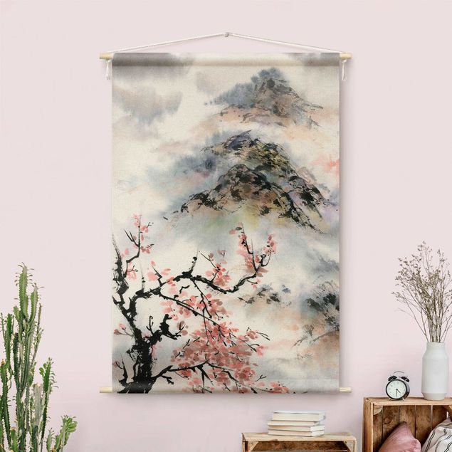 Vægtæppe skov Japanese Watercolour Drawing Cherry Tree And Mountain