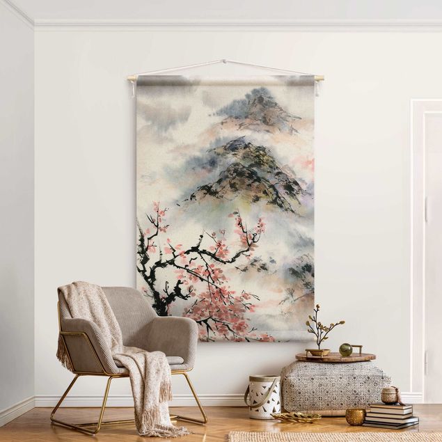 køkken dekorationer Japanese Watercolour Drawing Cherry Tree And Mountain