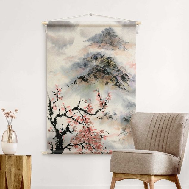 Vægtæppe natur Japanese Watercolour Drawing Cherry Tree And Mountain