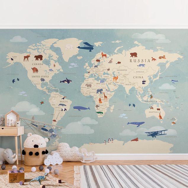 Vintage tapet Map With With Animals Of The World