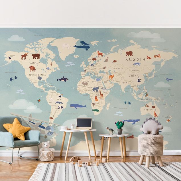 Børneværelse deco Map With With Animals Of The World