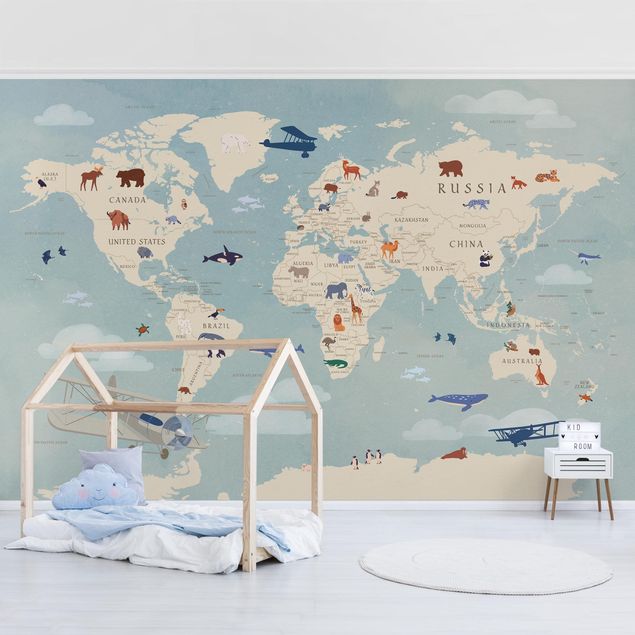 Moderne tapet Map With With Animals Of The World