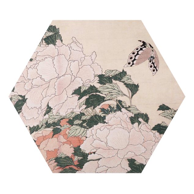 Billeder kunsttryk Katsushika Hokusai - Pink Peonies With Butterfly