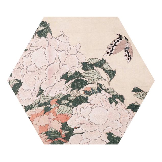 Billeder kunsttryk Katsushika Hokusai - Pink Peonies With Butterfly