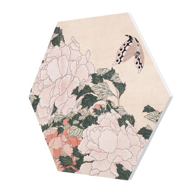 Forex Katsushika Hokusai - Pink Peonies With Butterfly