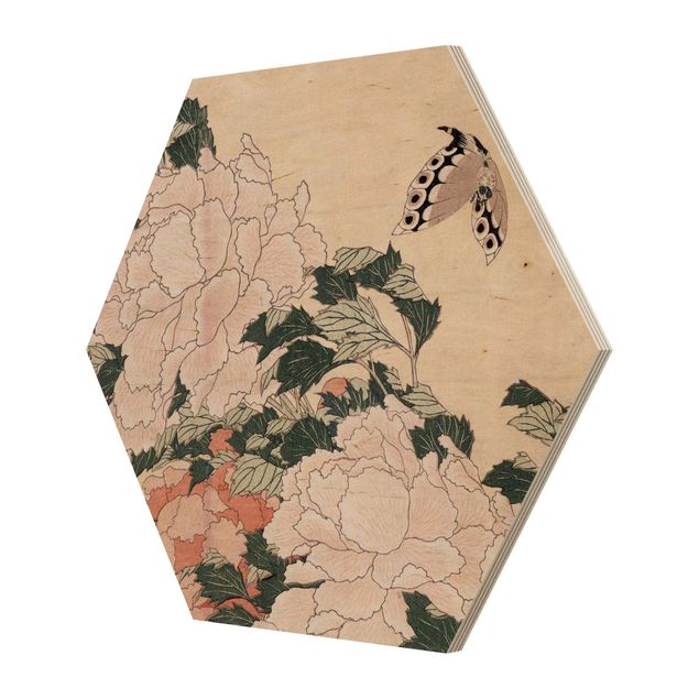 Billeder lyserød Katsushika Hokusai - Pink Peonies With Butterfly