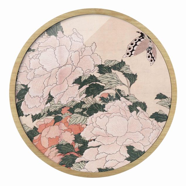 Billeder blomster Katsushika Hokusai - Pink Peonies With Butterfly