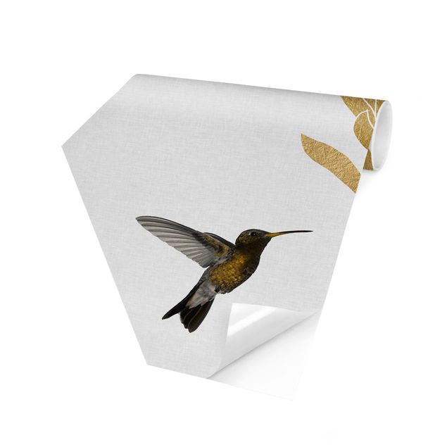 Moderne tapet Hummingbird And Tropical Golden Blossom