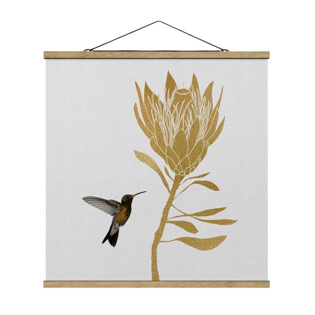 Billeder kunsttryk Hummingbird And Tropical Golden Blossom