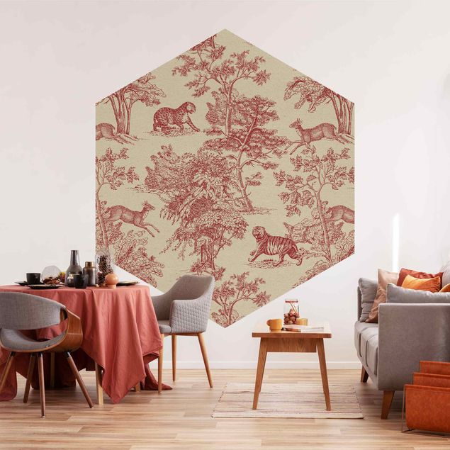 Tapet blomster Copper Engraving Impression - Jaguar With Deer On Nature Paper