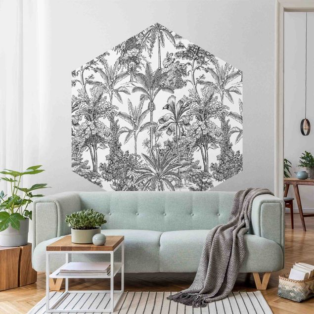 Mønstret tapeter Copper Engraving Impression - Tropical Palm Trees