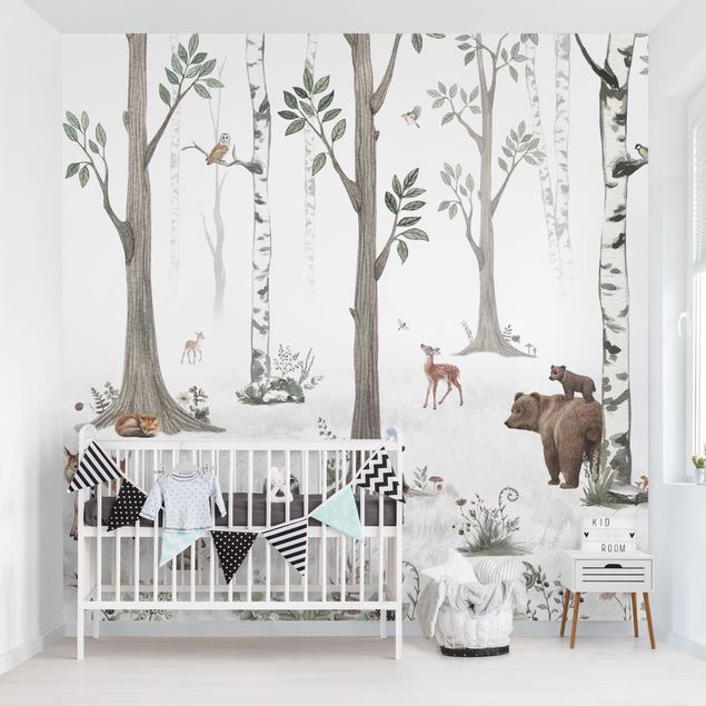 Moderne tapet Silent white forest with animals