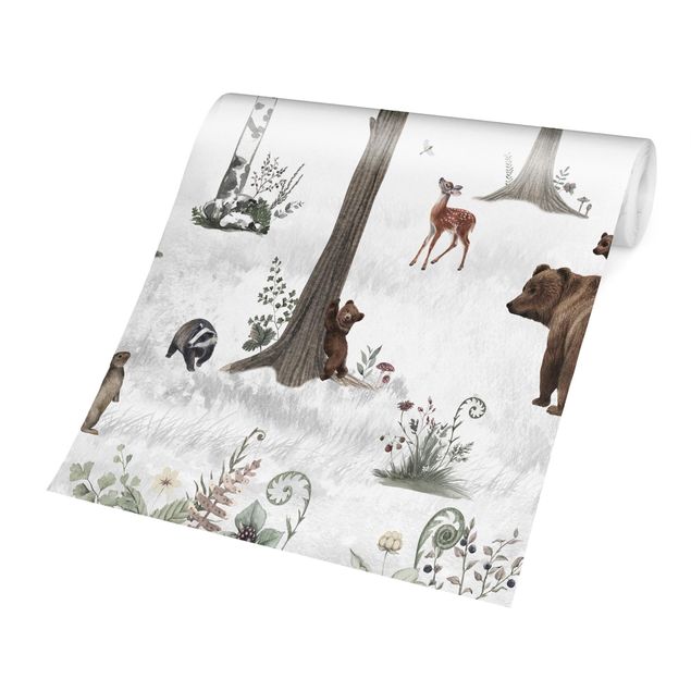 Fototapet hvid Silent white forest with animals