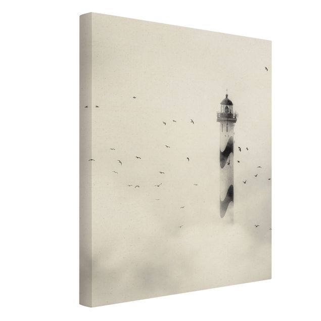 Billeder på lærred sort og hvid Lighthouse In The Fog