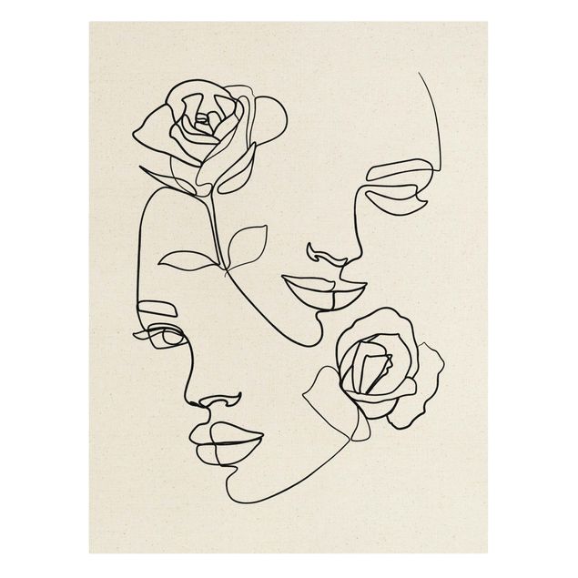 Billeder på lærred sort og hvid Line Art Faces Women Roses Black And White