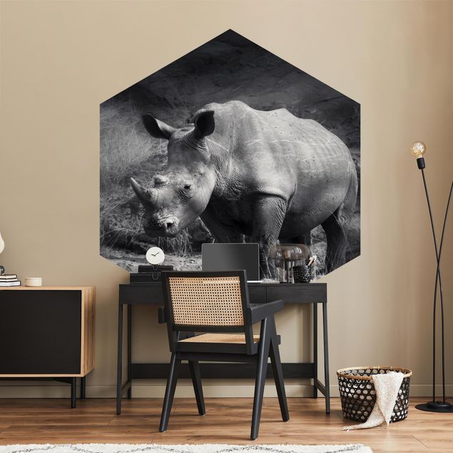 Fototapet sort og hvid Lonesome Rhinoceros