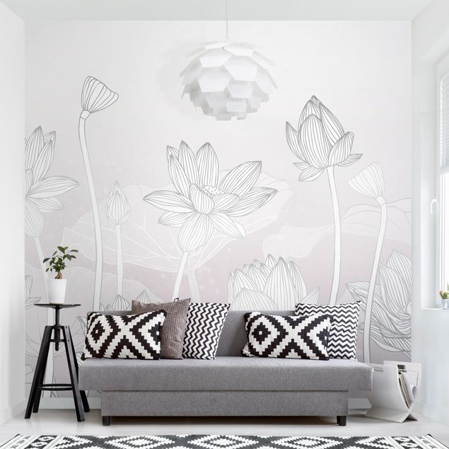 Tapet moderne Lotus Illustration Silver And Violet