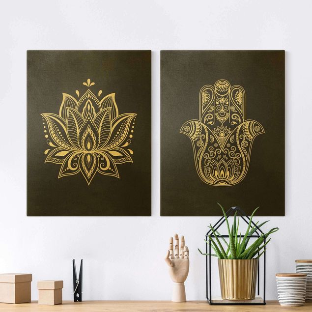 Billeder på lærred mønstre Lotus Illustration And Hamsa Hand Set