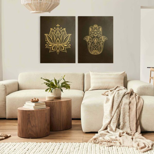 Billeder på lærred spirituelt Lotus Illustration And Hamsa Hand Set