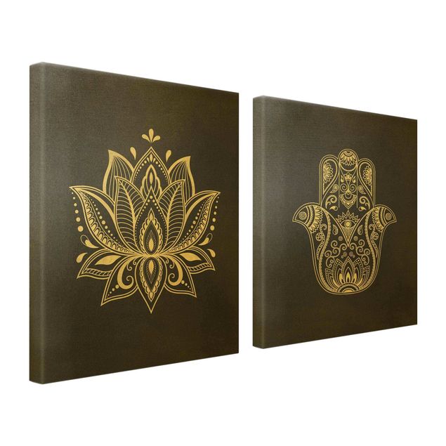 Billeder på lærred Lotus Illustration And Hamsa Hand Set