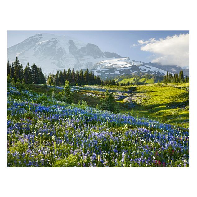 Billeder træer Mountain Meadow With Blue Flowers in Front of Mt. Rainier