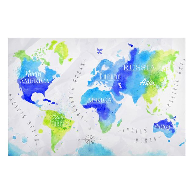 Magnettavler verdenskort World Map Watercolour Blue Green