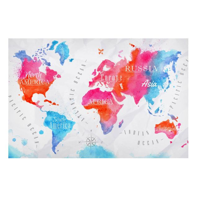 Magnettavler verdenskort World Map Watercolour Red Blue