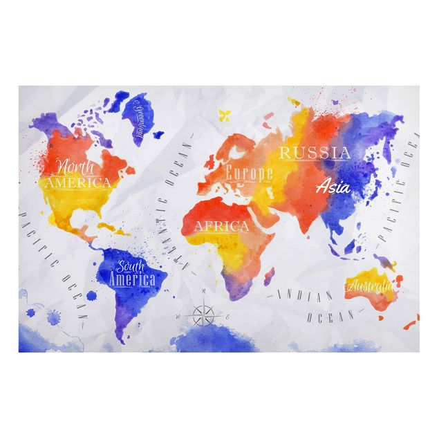 Magnettavler verdenskort World Map Watercolour Purple Red Yellow