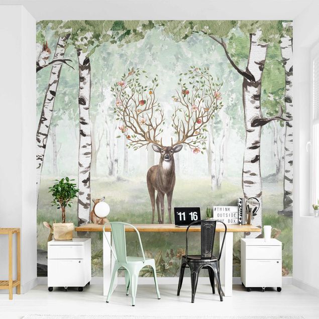 Moderne tapet Majestic deer in the birch forest