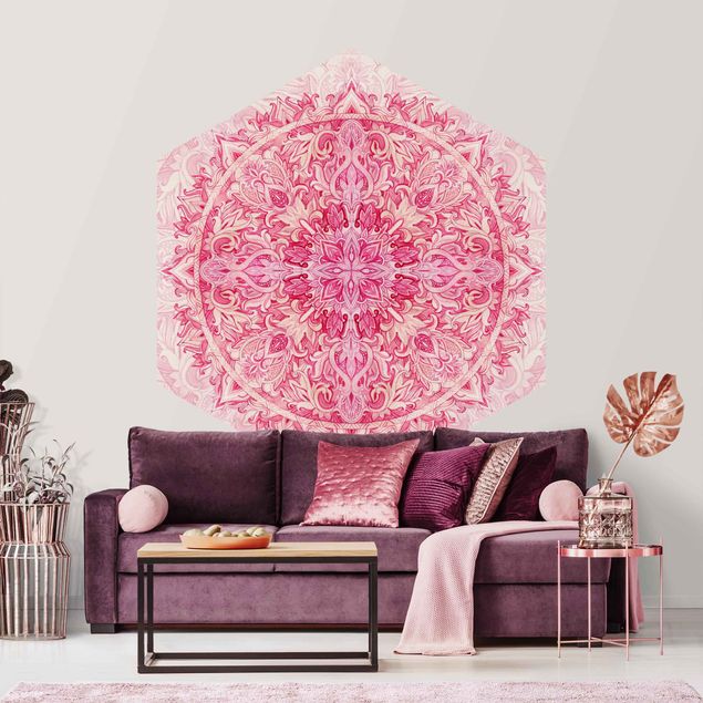 Mønstret tapeter Mandala Watercolour Ornament Pattern Pink
