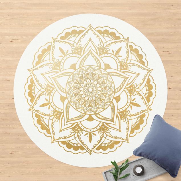 Tæppe til altan Mandala Flower Gold White