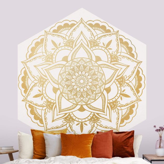 Tapet ornamenter Mandala Flower Gold White