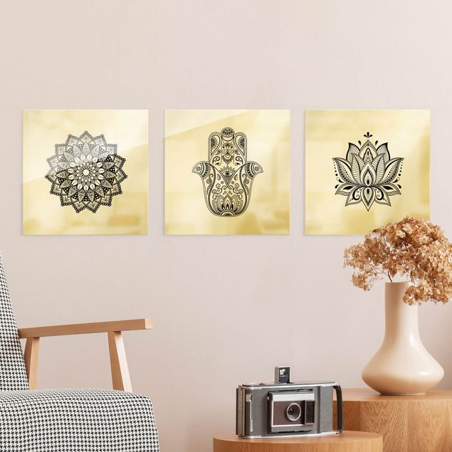 Billeder mandalas Mandala Hamsa Hand Lotus Set On White