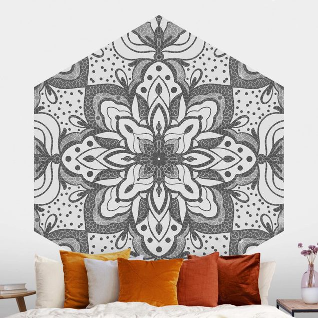 Tapet ornamenter Mandala With Grid And Dots In Gray