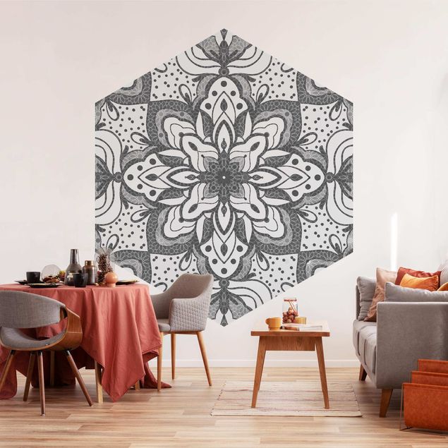 Tapet med mønster Mandala With Grid And Dots In Gray
