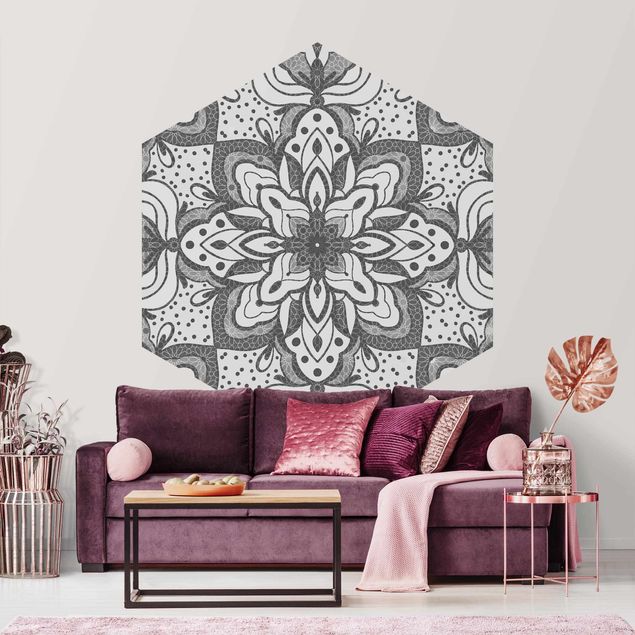 Tapet moderne Mandala With Grid And Dots In Gray