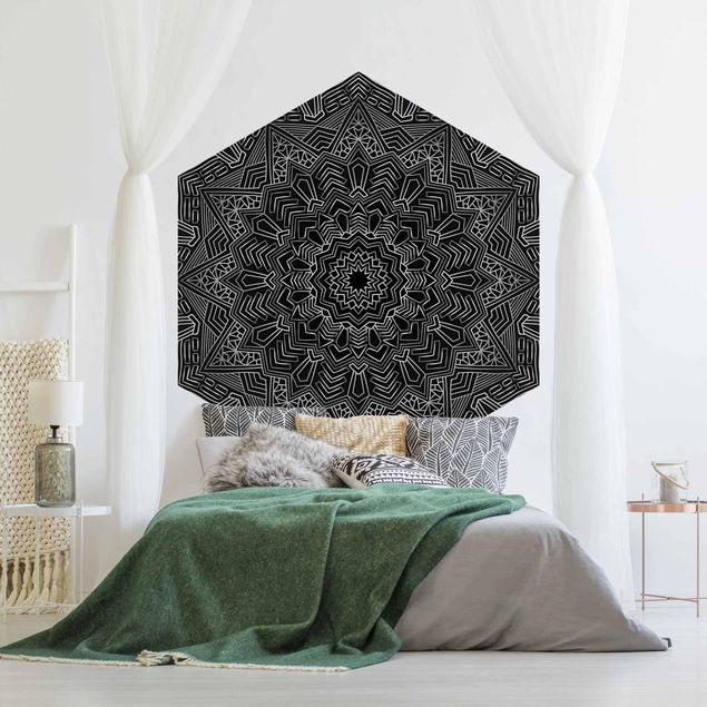 Mønstret tapeter Mandala Star Pattern Silver Black