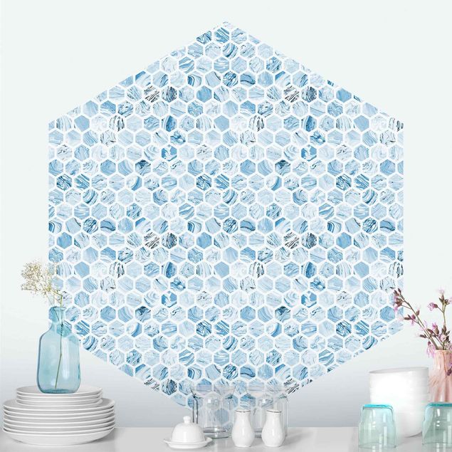 Geometrisk tapet Marble Hexagons Blue Shades